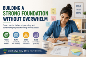 Student building a strong academic foundation with balanced planning, study habits, activities, skills, and well-being