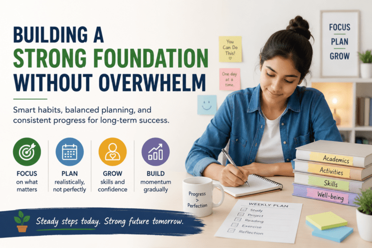 Student building a strong academic foundation with balanced planning, study habits, activities, skills, and well-being