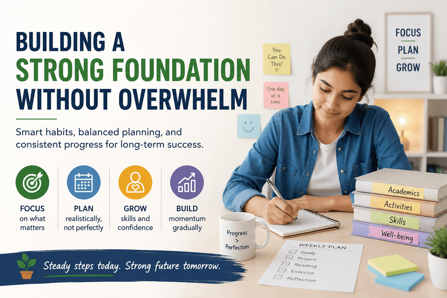 Student building a strong academic foundation with balanced planning, study habits, activities, skills, and well-being