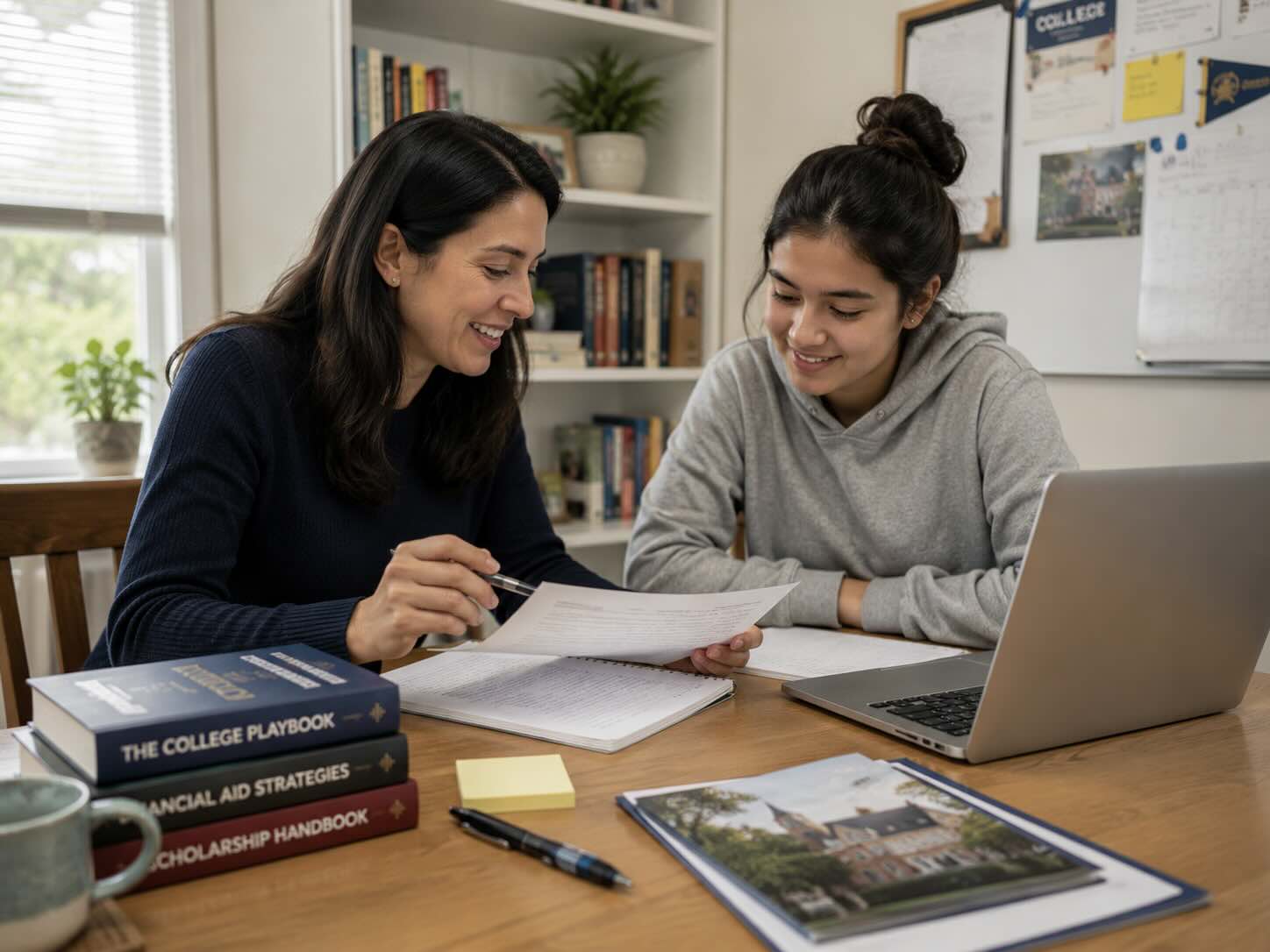 Realistic blog thumbnail showing a student and parent reviewing college application documents together at home